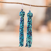 Beaded waterfall earrings, 'Fiesta in Aqua' - Aqua & Blue Glass Beaded Waterfall Earrings with Silver Hook
