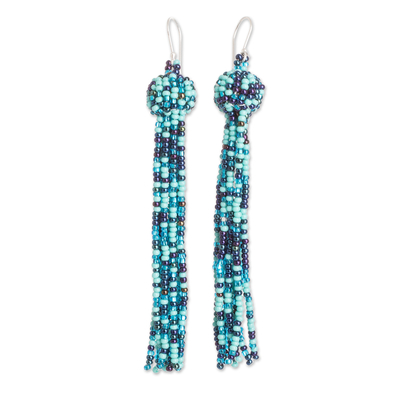 Beaded waterfall earrings, 'Fiesta in Aqua' - Aqua & Blue Glass Beaded Waterfall Earrings with Silver Hook