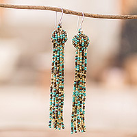 Beaded waterfall earrings, 'Fiesta in Bronze' - Handmade Bronze and Aqua Glass Beaded Waterfall Earrings