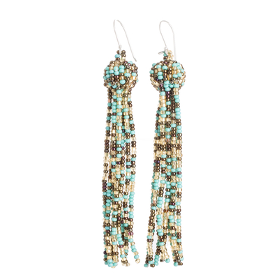 Beaded waterfall earrings, 'Fiesta in Bronze' - Handmade Bronze and Aqua Glass Beaded Waterfall Earrings