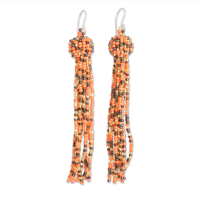 Beaded waterfall earrings, 'Fiesta in Orange' - Orange Glass Beaded Waterfall Earrings with Silver Hooks