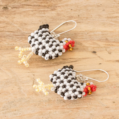 Beaded dangle earrings, 'Happy Hen' - Hen-Shaped Beaded Dangle Earrings with 925 Silver Hooks