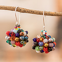 Beaded cluster earrings, 'Multicolored Joy' - Colorful Glass Beaded Cluster Earrings with 925 Silver Hooks
