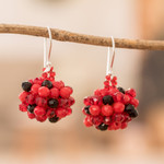 Beaded cluster earrings, 'Red and Black Joy' - Red & Black Glass Beaded Cluster Earrings with Silver Hooks