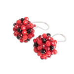 Beaded cluster earrings, 'Red and Black Joy' - Red & Black Glass Beaded Cluster Earrings with Silver Hooks
