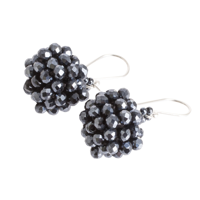 Beaded cluster earrings, 'Grey Joy' - Grey Glass Beaded Cluster Earrings with 925 Silver Hooks