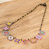 Beaded pendant necklace, 'Bright Traditions' - Handmade Bunting-Themed Glass Beaded Pendant Necklace