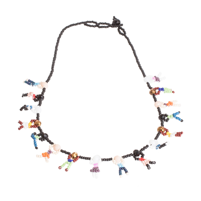 Beaded pendant necklace, 'Carefree' - Handmade Glass Beaded Worry Doll-Themed Pendant Necklace