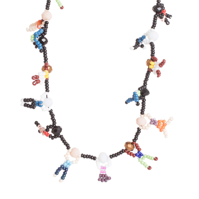 Beaded pendant necklace, 'Carefree' - Handmade Glass Beaded Worry Doll-Themed Pendant Necklace