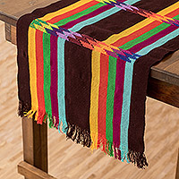Cotton table runner, 'Chocolate Rainbow' - Woven Colorful Cotton Table Runner in a Chocolate Base Hue
