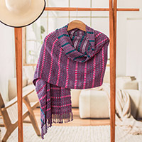 Cotton shawl, 'Violet Sunday' - Geometric Violet and Cerise Cotton Shawl from Guatemala