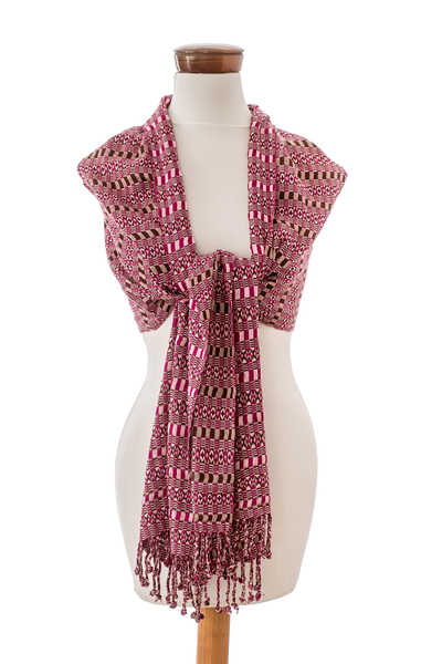 Cotton shawl, 'Magenta Sunday' - Geometric Magenta and Chocolate Cotton Shawl from Guatemala