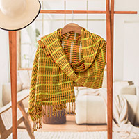 Cotton shawl, 'Chartreuse Sunday' - Geometric Chartreuse and Brown Cotton Shawl from Guatemala