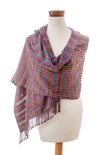 Cotton shawl, 'Boysenberry Sunday' - Geometric Boysenberry and Teal Cotton Shawl from Guatemala