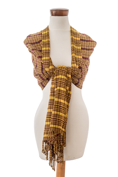 Cotton shawl, 'Cherry Essences' - Handloomed Yellow Cotton Shawl with Cherry Red Accents