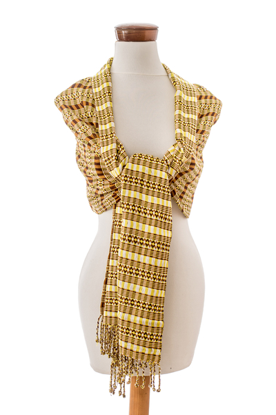 Cotton shawl, 'Chocolate Essences' - Handloomed Yellow Cotton Shawl with Chocolate Brown Accents