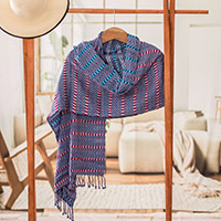 Cotton shawl, 'Cerulean Sunday' - Geometric Cerulean and Wisteria Cotton Shawl from Guatemala