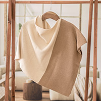 Cotton poncho, 'Antigua Sunrise' - Handcrafted Ivory & Tan Cotton Poncho with Fold-Over Collar