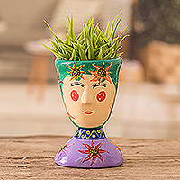 Ceramic flower pot, 'Flourishing Energy' (small) - Painted Floral Purple and Green Ceramic Flower Pot (Small)