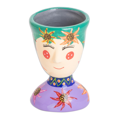 Keramik-Blumentopf, (klein) - Bemalter Blumentopf aus Keramik in Lila und Grün (klein)