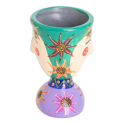 Keramik-Blumentopf, (klein) - Bemalter Blumentopf aus Keramik in Lila und Grün (klein)
