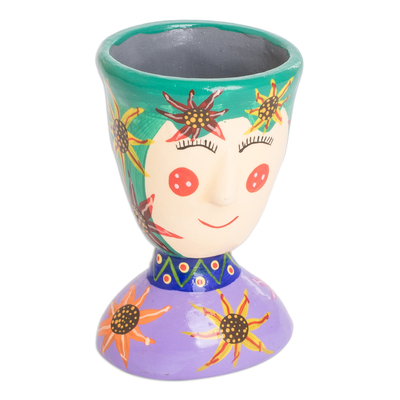 Maceta de cerámica, (pequeña) - Maceta de cerámica pintada con flores moradas y verdes (pequeña)