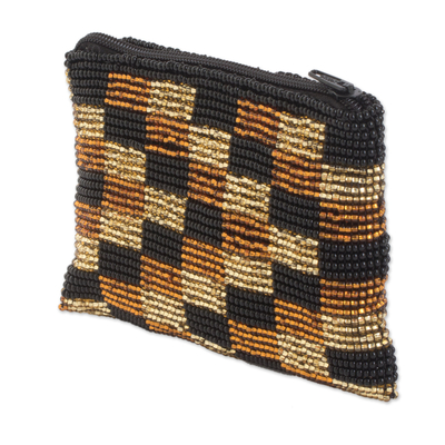 Beaded coin purse, 'Charming Rectangles' - Beaded Checkered Coin Purse Handcrafted in Guatemala