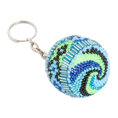 Beaded keychain and bag charm, 'Blue Sphere' - Handmade Beaded Keychain and Bag Charm in Blue Green & Black