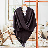 Rayon poncho, 'Solid Black' - Cross Front Black Fringed Poncho Hand-Woven from Rayon