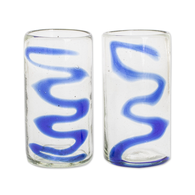 Handblown glass tumblers, 'Blue Ripple' (pair) - Blue-Accented 11 oz Handblown Recycled Glass Tumblers (Pair)