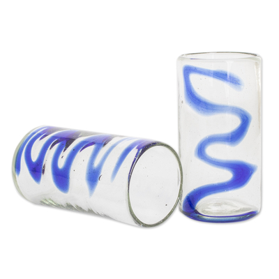 Vasos de vidrio soplado a mano, (par) - Vasos de vidrio reciclado soplado a mano de 11 oz con detalles en azul (par)