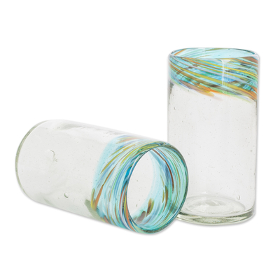Handblown glass tumblers, 'Aurora' (pair) - Eco-Friendly Handblown Recycled Glass Tumblers (12oz, Pair)