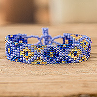 Glass beaded wristband bracelet, 'Dual Delight in Blue'
