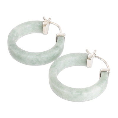 Jade hoop earrings, 'Lagoon Connection' - Modern Green Jade Hoop Earrings with Sterling Silver Clasps