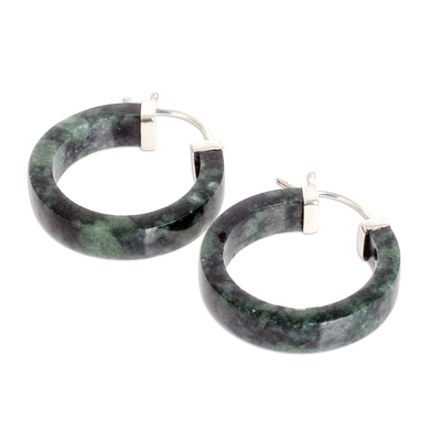 Pendientes aro jade - Aretes de Jade Verde Oscuro con Broches de Plata Esterlina