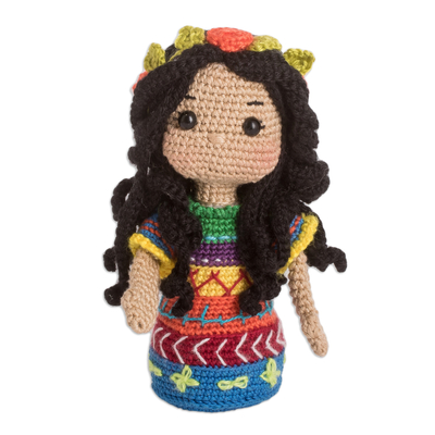 Gehäkelte Dekopuppe aus Baumwolle - Mädchen in guatemaltekischer Kleidung, dekorative Puppe aus gehäkelter Baumwolle