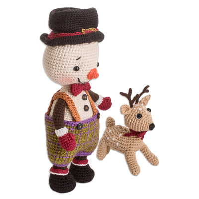 Crocheted cotton decorative accents, 'Frosty and Rudolph' (pair) - 2 Crocheted Cotton Decorative Accents of Snowman & Reindeer