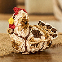 Crocheted cotton decorative accent, 'Floral Hen' - Floral African Hen Themed Crocheted Cotton Decorative Accent