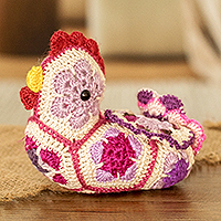 Crocheted cotton decorative accent, 'Blooming Hen' - African Hen-Themed Crocheted Cotton Decorative Accent