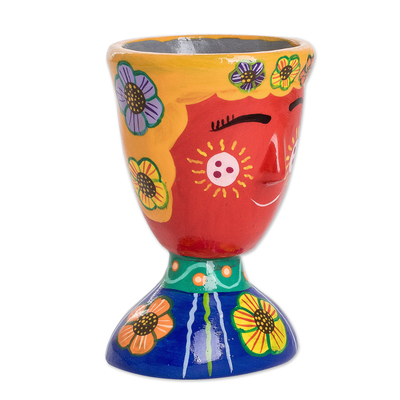 Ceramic flower pot, 'Vivacious Nature' - Whimsical Hand-Painted Red and Blue Ceramic Flower Pot
