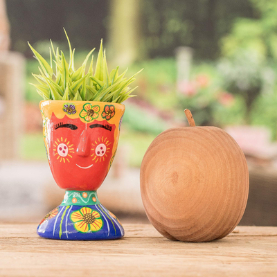 Ceramic flower pot, 'Vivacious Nature' - Whimsical Hand-Painted Red and Blue Ceramic Flower Pot