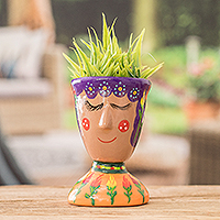 Ceramic flower pot, 'Joyful Nature' - Whimsical Hand-Painted Purple and Orange Ceramic Flower Pot