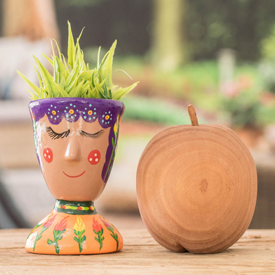 Ceramic flower pot, 'Joyful Nature' - Whimsical Hand-Painted Purple and Orange Ceramic Flower Pot