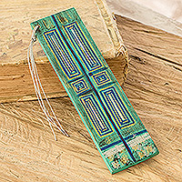 Wood bookmark, 'Vintage Door in Teal' - Hand-Painted Cedar Wood Antique Door Bookmark in Turquoise