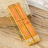 Wood bookmark, 'Vintage Door in Orange' - Hand-Painted Cedar Wood Antique Door Bookmark in Orange