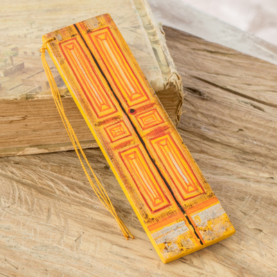 Wood bookmark, 'Vintage Door in Orange' - Hand-Painted Cedar Wood Antique Door Bookmark in Orange