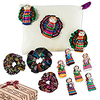 Curated gift box, 'Tradition' - Gift Set with Cosmetic Bag, Worry Dolls, and Hair Scrunchies