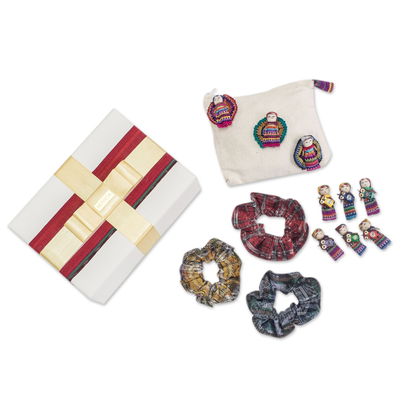 Curated gift box, 'Worry Free' - Gift Set with Cosmetic Bag, Worry Dolls, and Hair Scrunchies