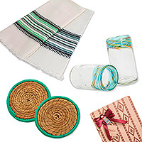 Curated gift box, 'Party of Two' - Gift Set with Pair of Glasses, Coasters, and Dish Towels