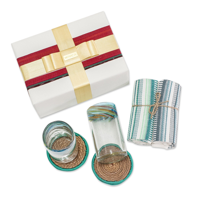 Curated gift box, 'Drinks for Two' - Gift Set with Pair of Glasses, Coasters, and Dish Towels